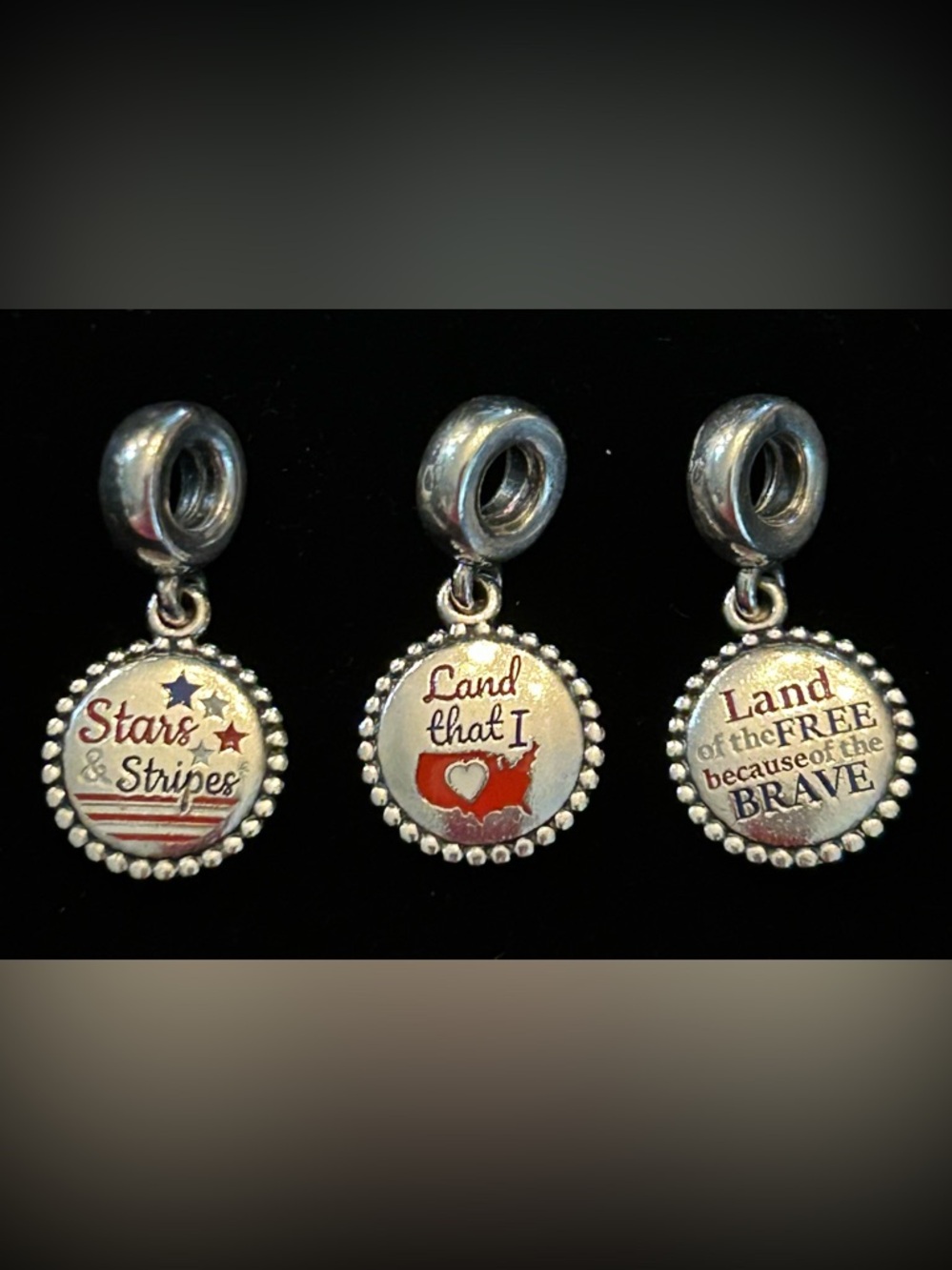 PANDORA S925 Sterling Silver Charm Set with Red & Blue Enamel USA Accents